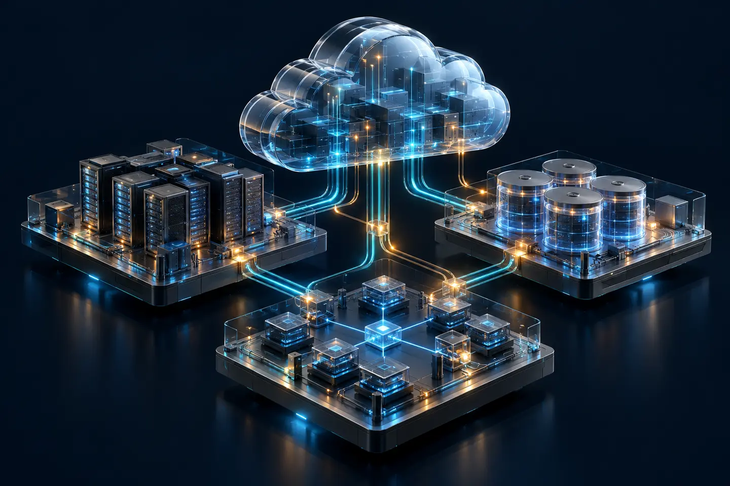 Connected cloud infrastructure with compute servers, storage and network layers