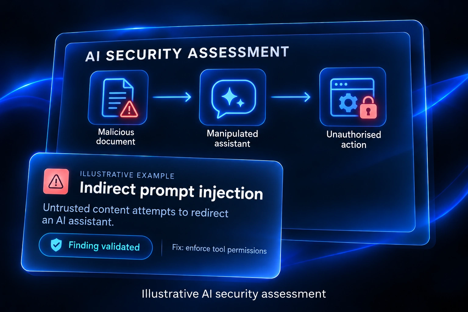 Illustrative AI security assessment: a malicious document manipulates an assistant into attempting an unauthorised action. The prompt injection finding is validated; remediation enforces tool permissions.