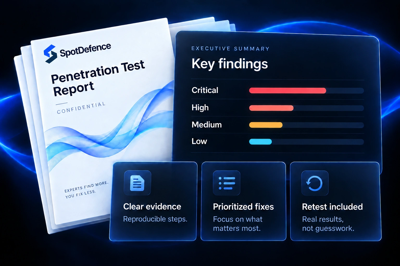 Penetration test report with executive summary, prioritized findings, clear evidence and retest deliverables
