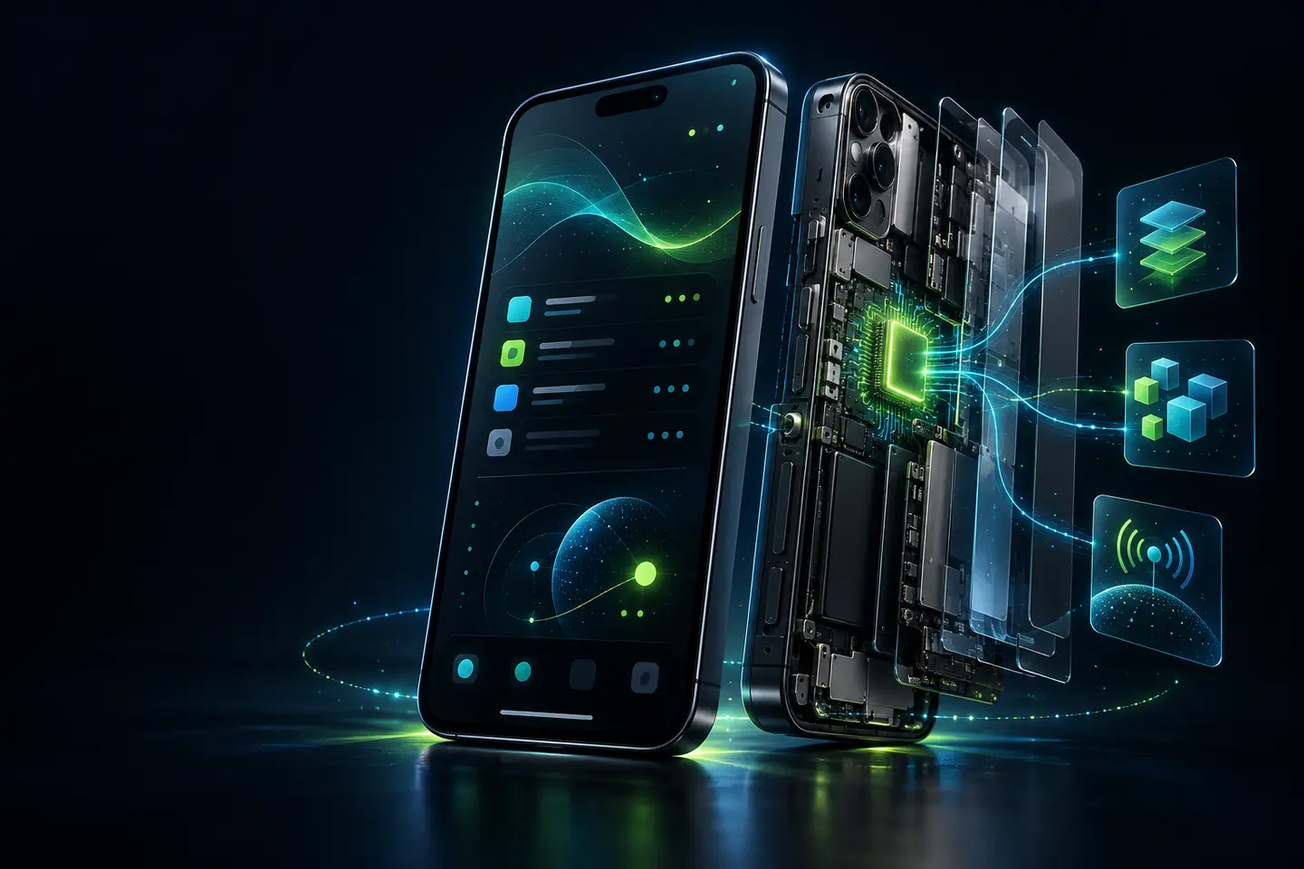 Exploded smartphone visualization revealing application layers, internal storage and network connections